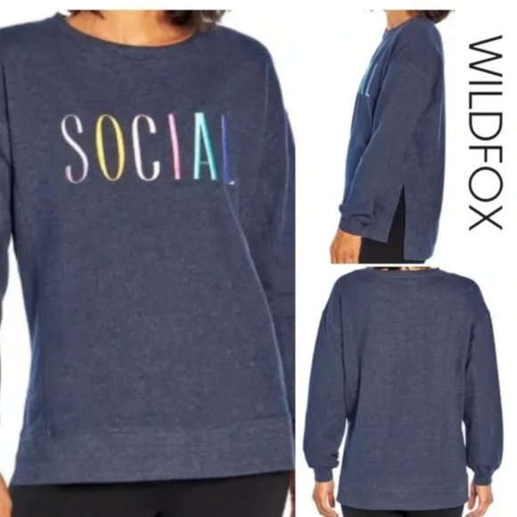 NWT Wildfox Navy Blue Heather Social Statement Embroidered Sweatshirt - Picture 1 of 7